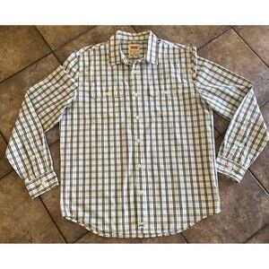 Levis Shirt Mens Large Gray Beig Plaid Short Sleeve Button Up Cotton Linen Blend